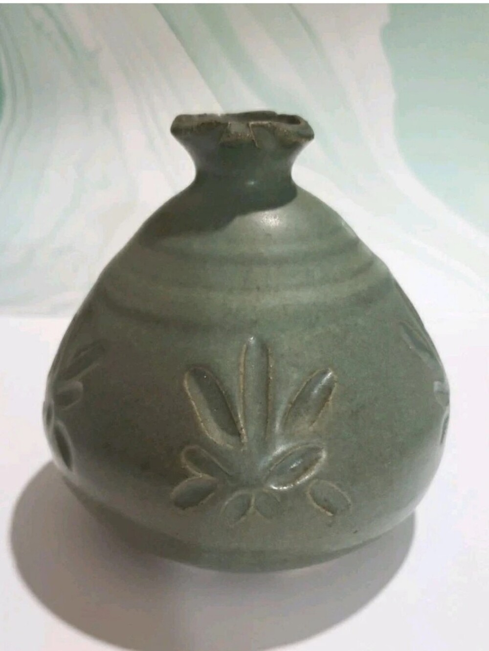 J Acord Bolt WV Signed Bud Vase Blue Green Incised Leaf Textured Rim